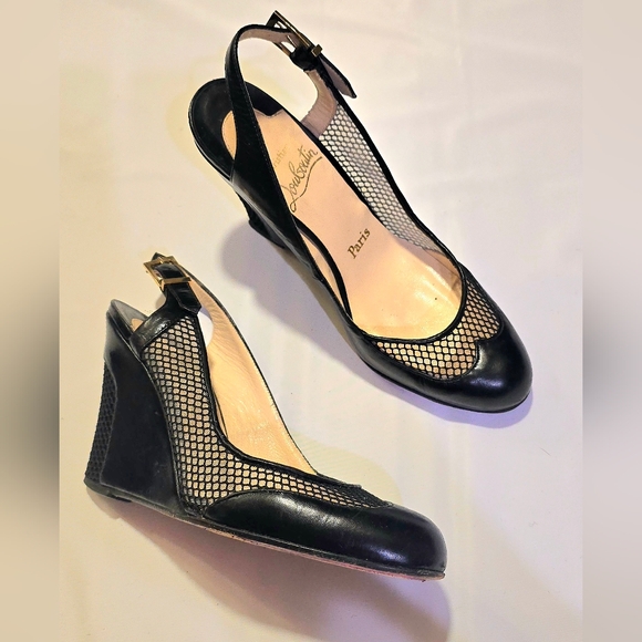 Christian Louboutin Black Fishnet Mesh Slingback Wedge Heels 36.5 - Picture 3 of 7